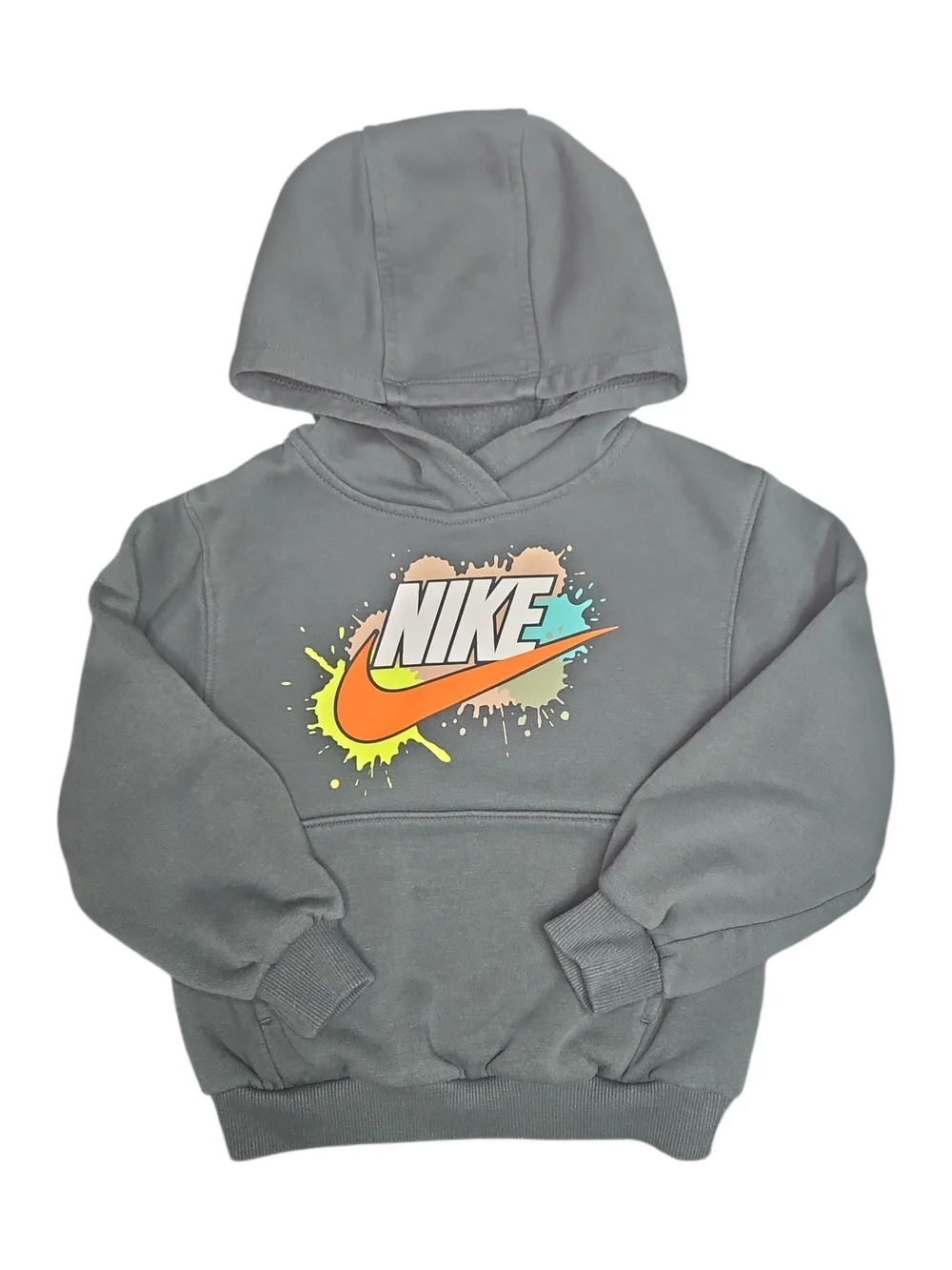 Nike Kids Gray Hoodie with Neon Multicolor Swoosh Size 4 XSmall Kangaroo Pocket